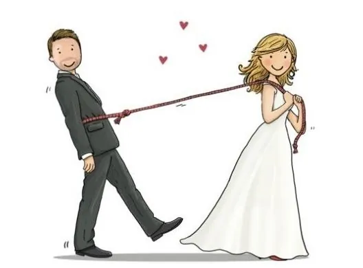Bride leading the groom by a rope